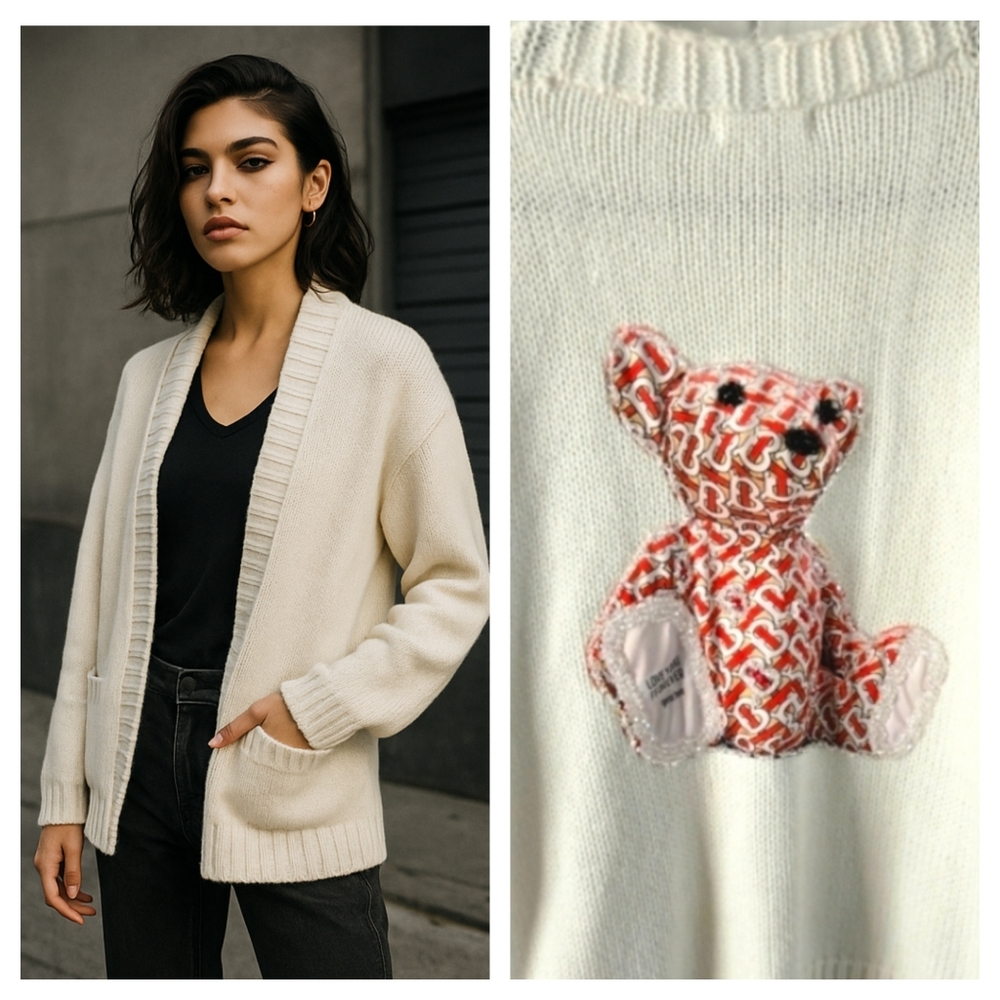 Teddy Bear Applique Cream Knit Cardigan Size L Kawaii Cottagecore Cozy